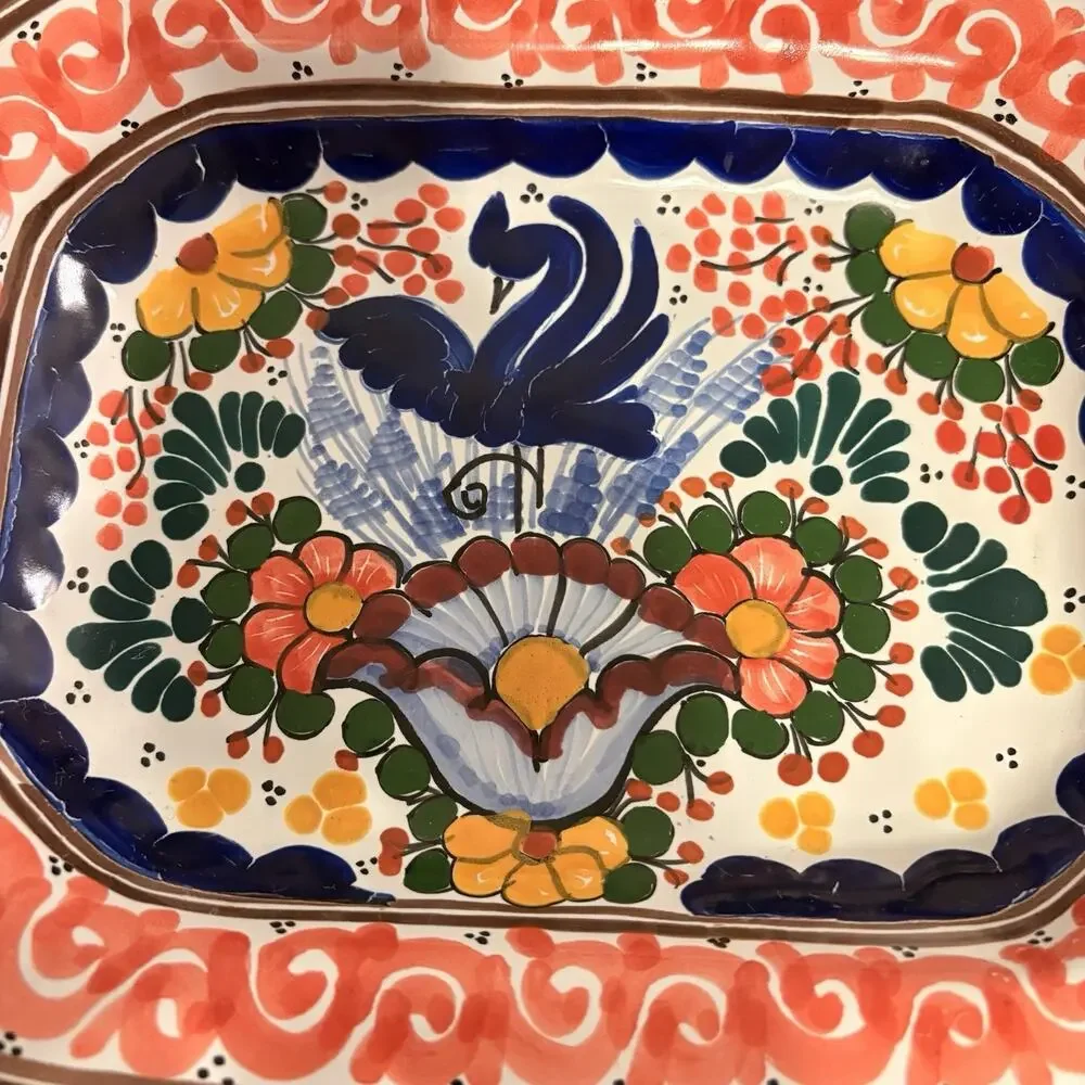 Talavera Mexican Pottery Serving Hanging Dish Blue Coral Yellow Green 10”